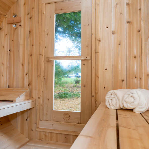 CT Serenity Barrel Wood Burning Sauna - Inside view facing the front