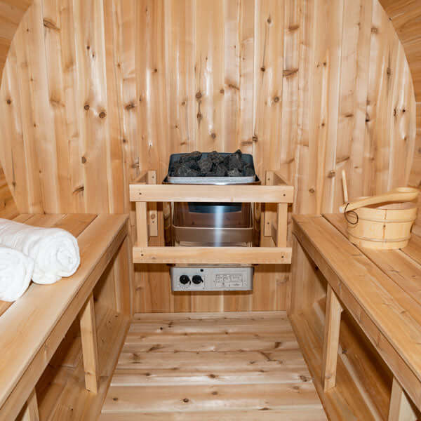 CT Serenity Barrel Wood Burning Sauna - Inside view facing the back