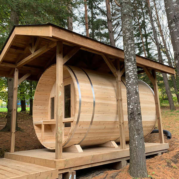 CT Tranquility Barrel Wood Burning Sauna - Side view with roof over