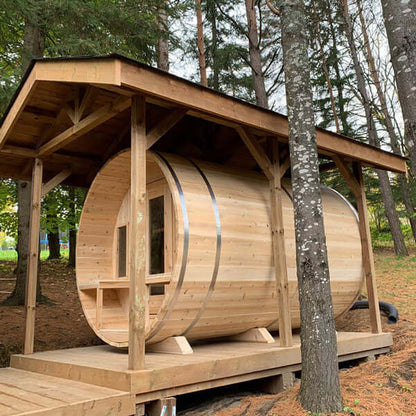 CT Tranquility Barrel Wood Burning Sauna - Side view with roof over