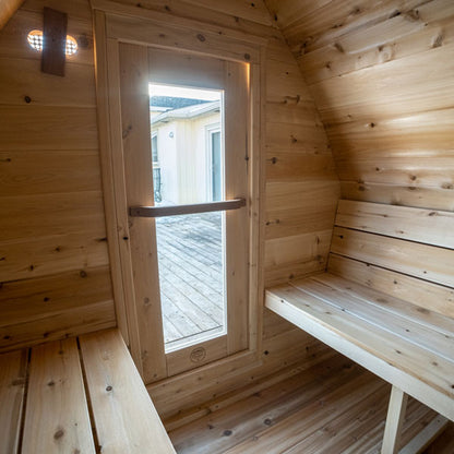 CT MiniPOD Wood Burning Sauna - Inside view facing the front 