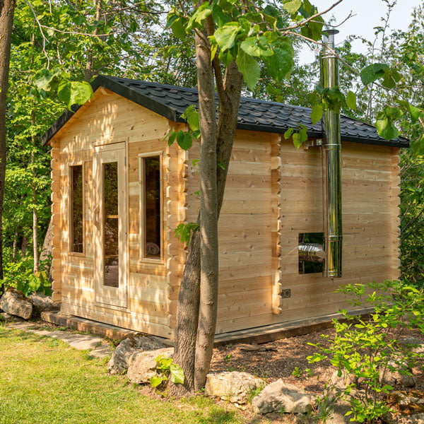 CT Georgian Cabin Wood Burning Sauna with Changeroom - Side angle front view 