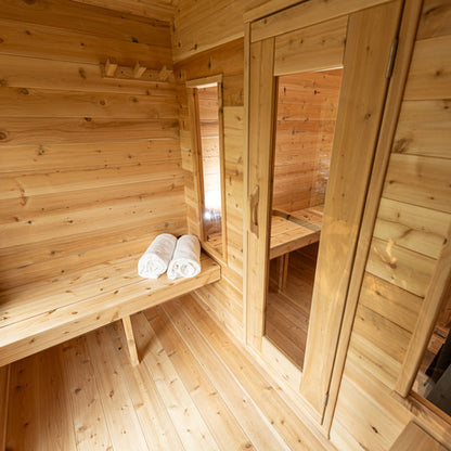 CT Georgian Cabin Wood Burning Sauna with Changeroom - Inside view of change room